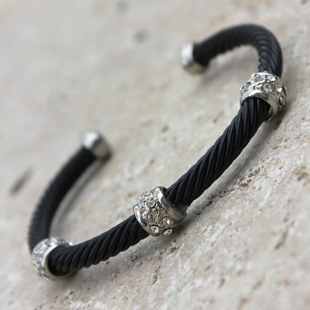 Black Cable Cuff Bracelet with Crystal Accents in Silver